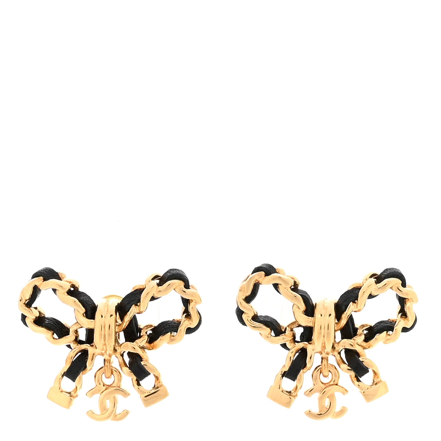 Lambskin Chain Bow Stud Earrings Black Gold