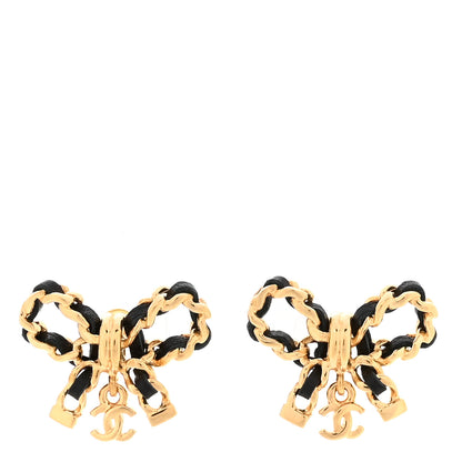 Chanel Lambskin Chain Bow Stud Earrings Black Gold 2 of 6