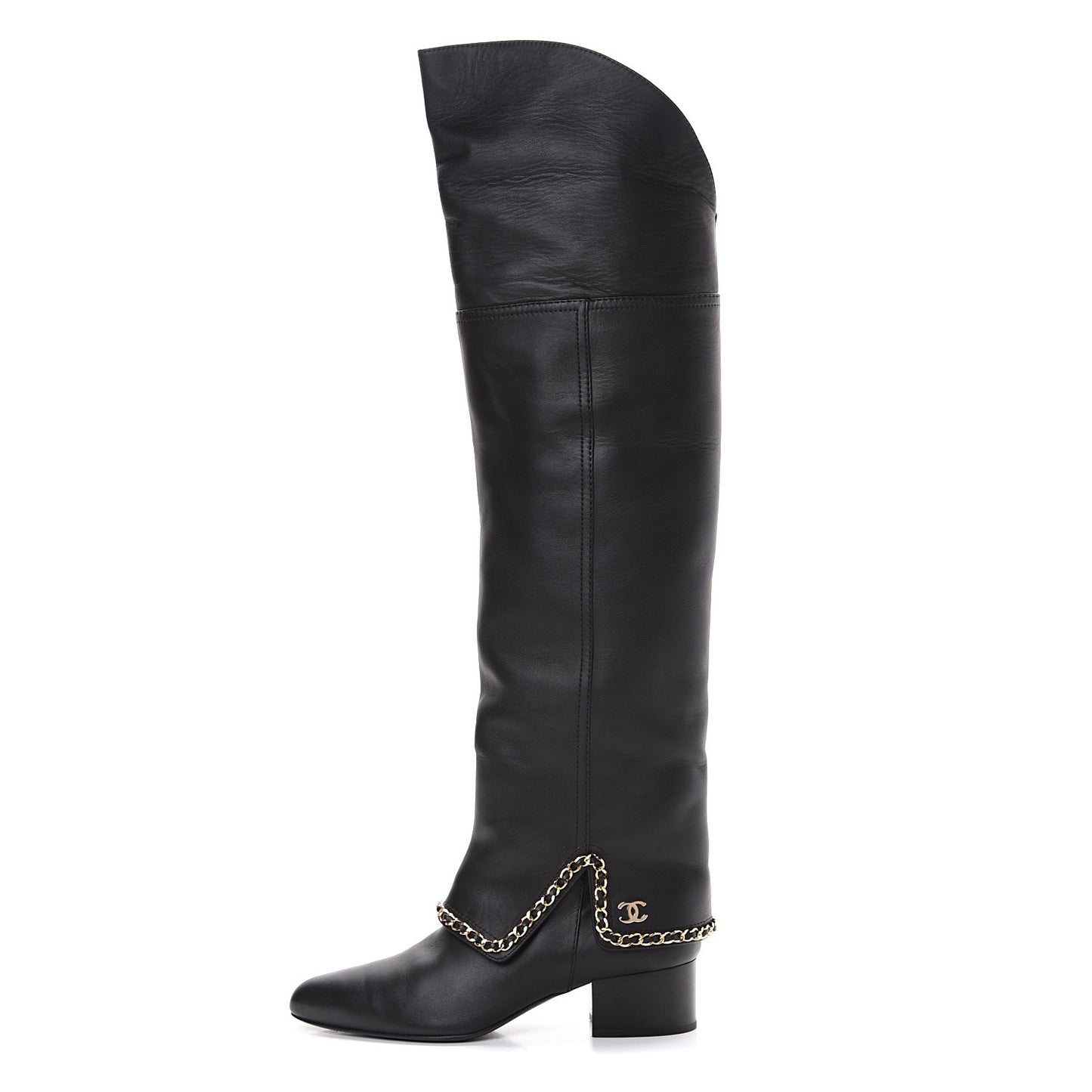 Calfskin Knee High Chain Boots 40 Black