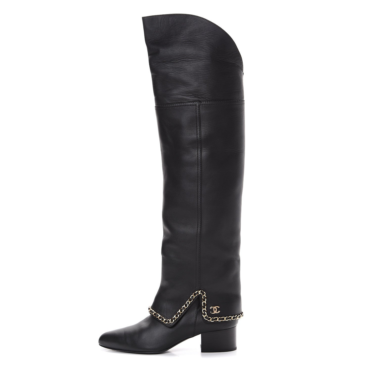 Chanel Calfskin Knee High Chain Boots 40 Black 1 of 6
