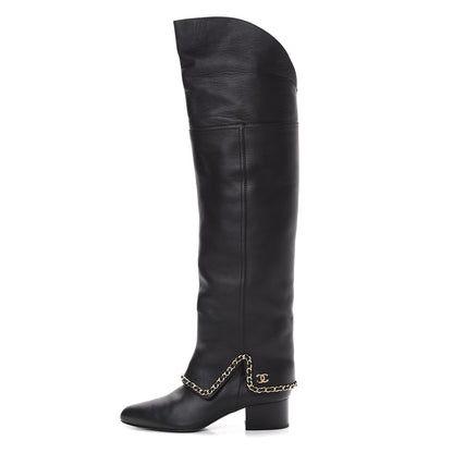 Chanel Calfskin Knee High Chain Boots 40 Black 1 of 6