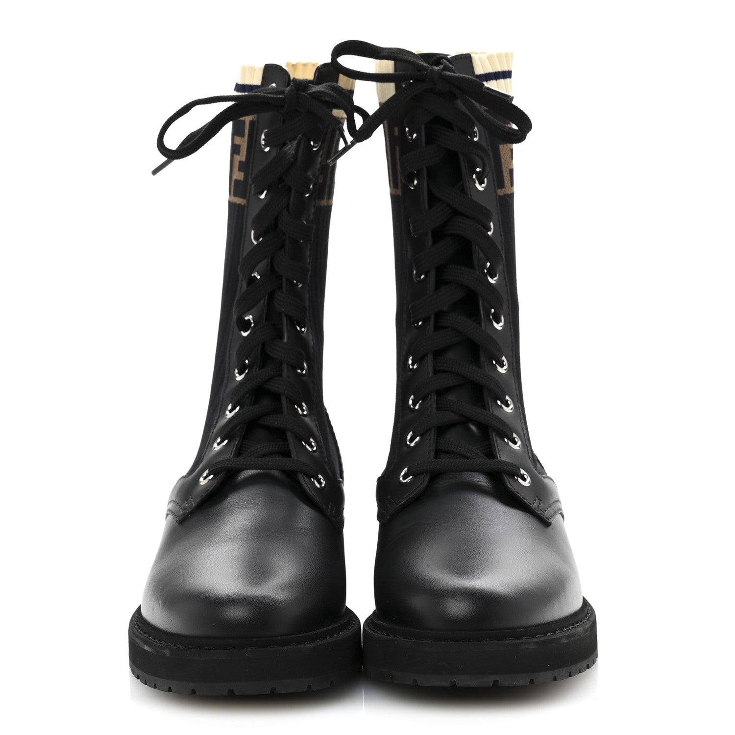 Fendi Calfskin Stretch Fabric Rockoko Biker Boots 37.5 Tobacco Black Marino 3 of 10