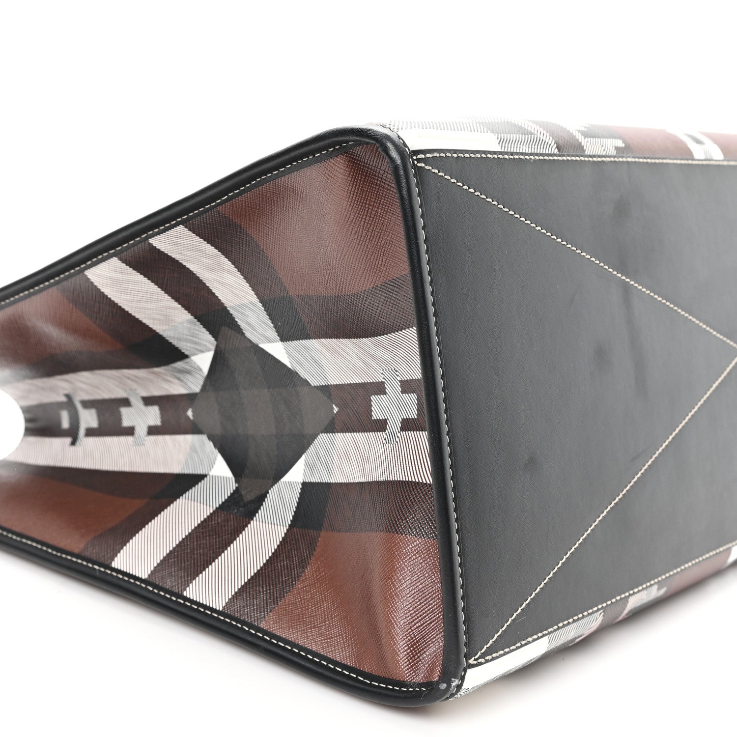 Burberry E-Canvas Calfskin Geometric Check Tote Hand Bag Brown White Black 10 of 10