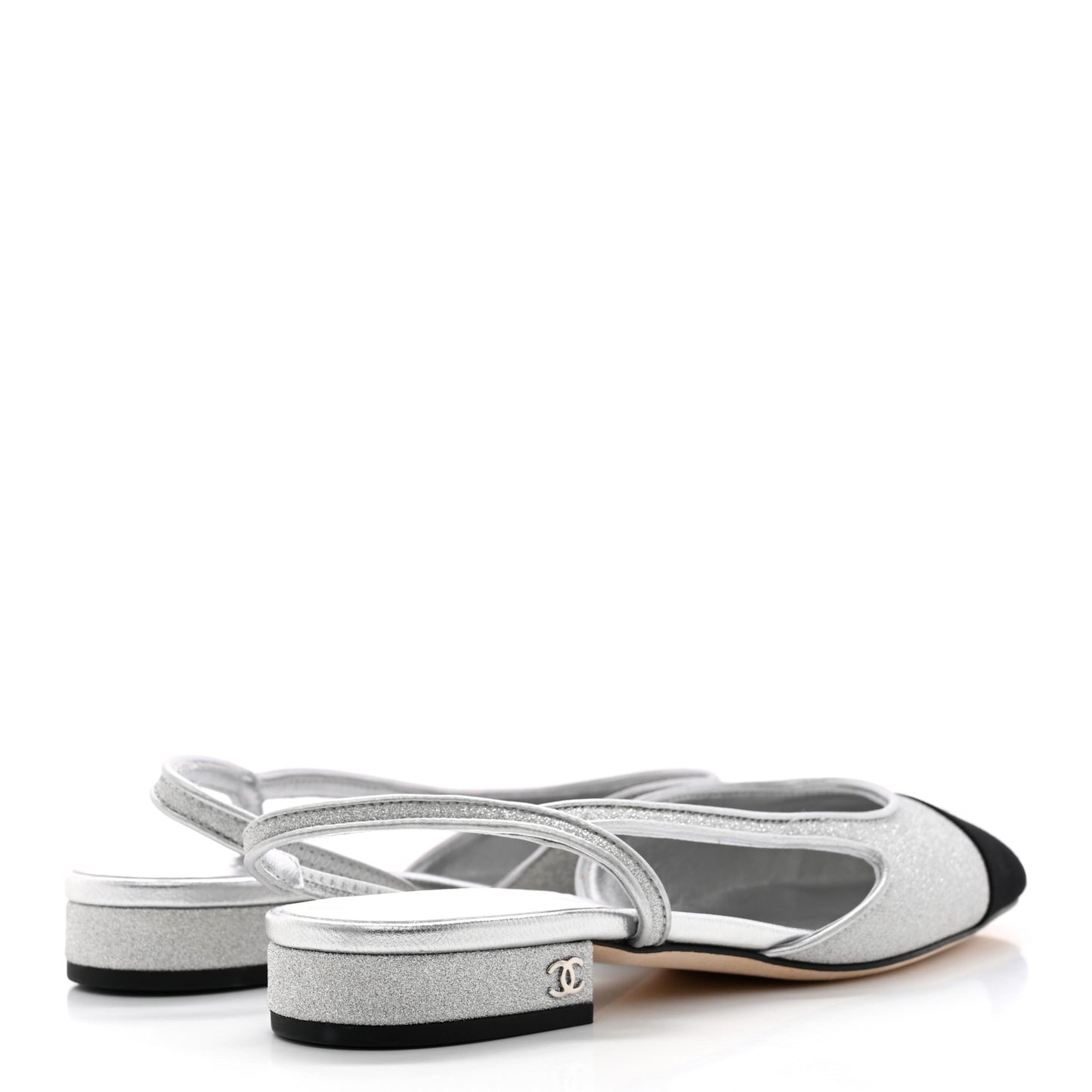 Glitter Calfskin Grosgrain CC Slingback Flats 37 Black Silver