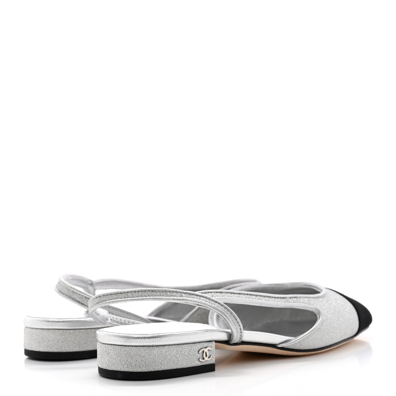 Chanel Glitter Calfskin Grosgrain CC Slingback Flats 37 Black Silver 4 of 11