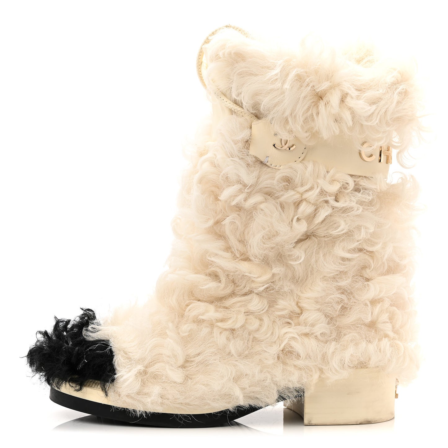 Shearling Sheepskin High Boots 37.5 Ivory Black