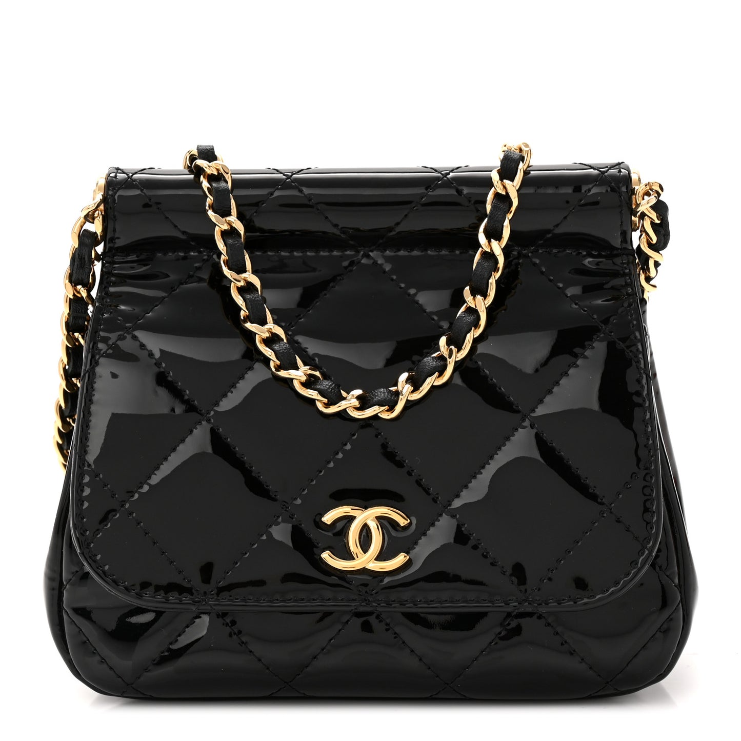 Patent Quilted Frame Clutch Flap With Chain Black