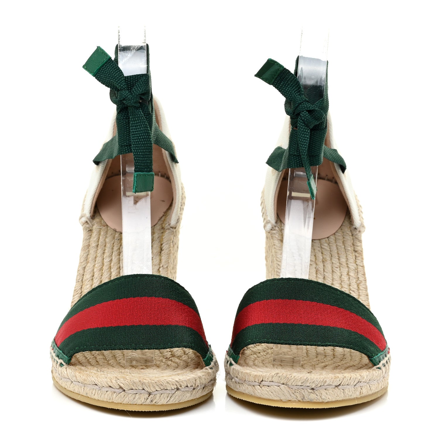 Gucci Canvas Malaga Kid Web Ankle Wrap Espadrille Wedge Sandals 38.5 Green Red Mystic White Emerald 2 of 13
