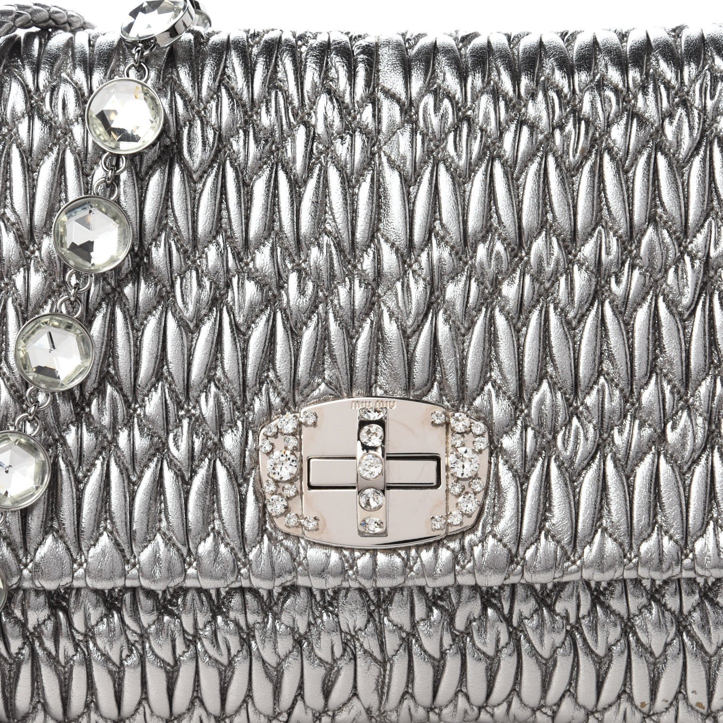 Metallic Nappa Matelasse Crystal Flap Clutch Cromo