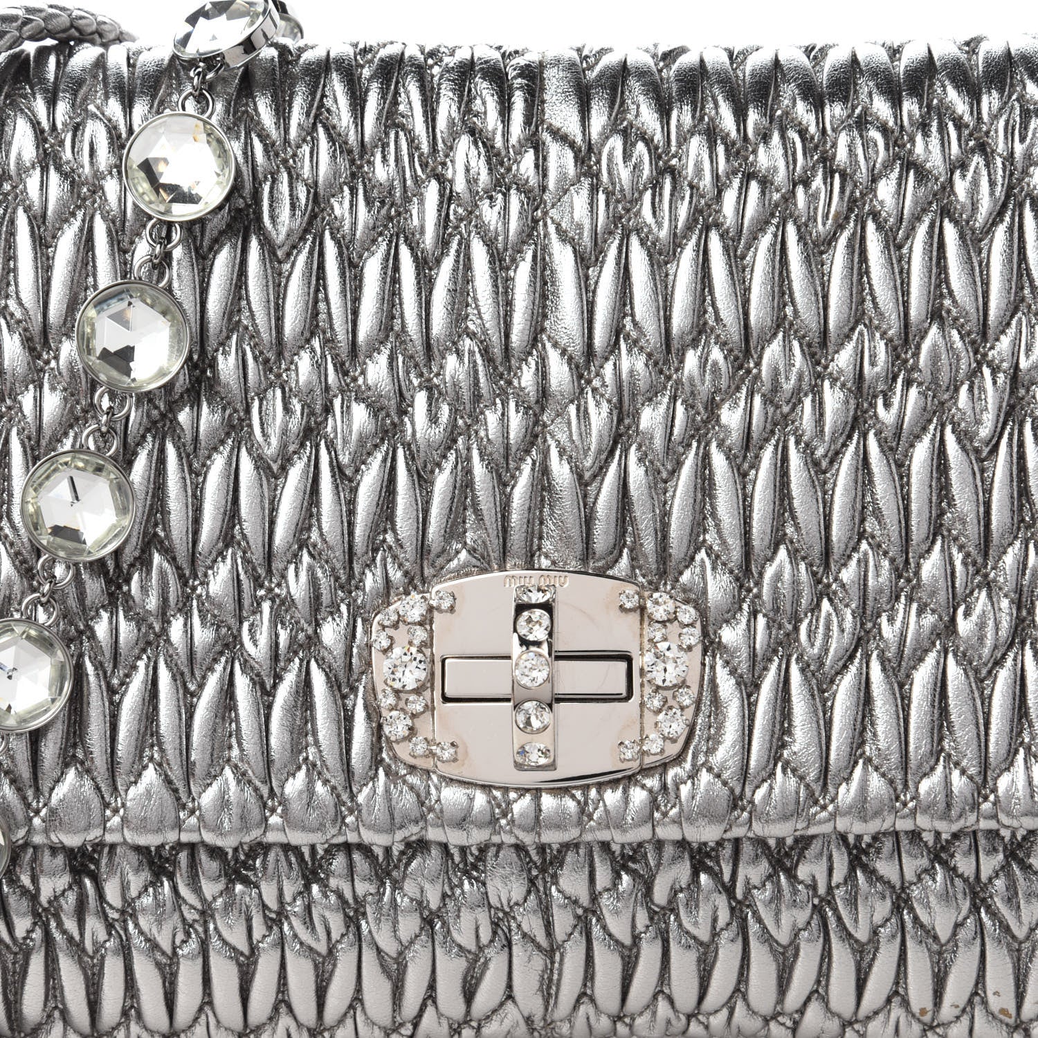 Miu Miu Metallic Nappa Matelasse Crystal Flap Clutch Cromo 9 of 10
