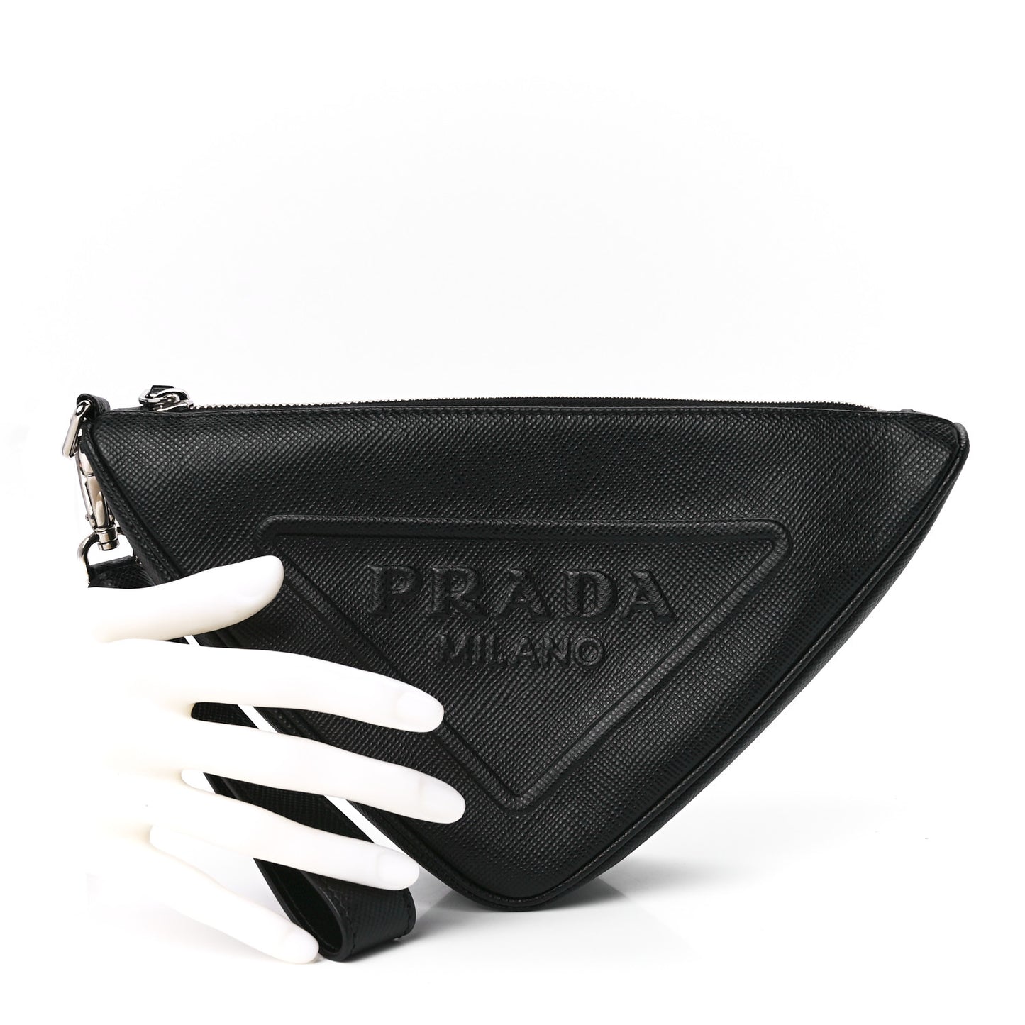 Saffiano Cuir Triangle Logo Embossed Triangle Wristlet Black