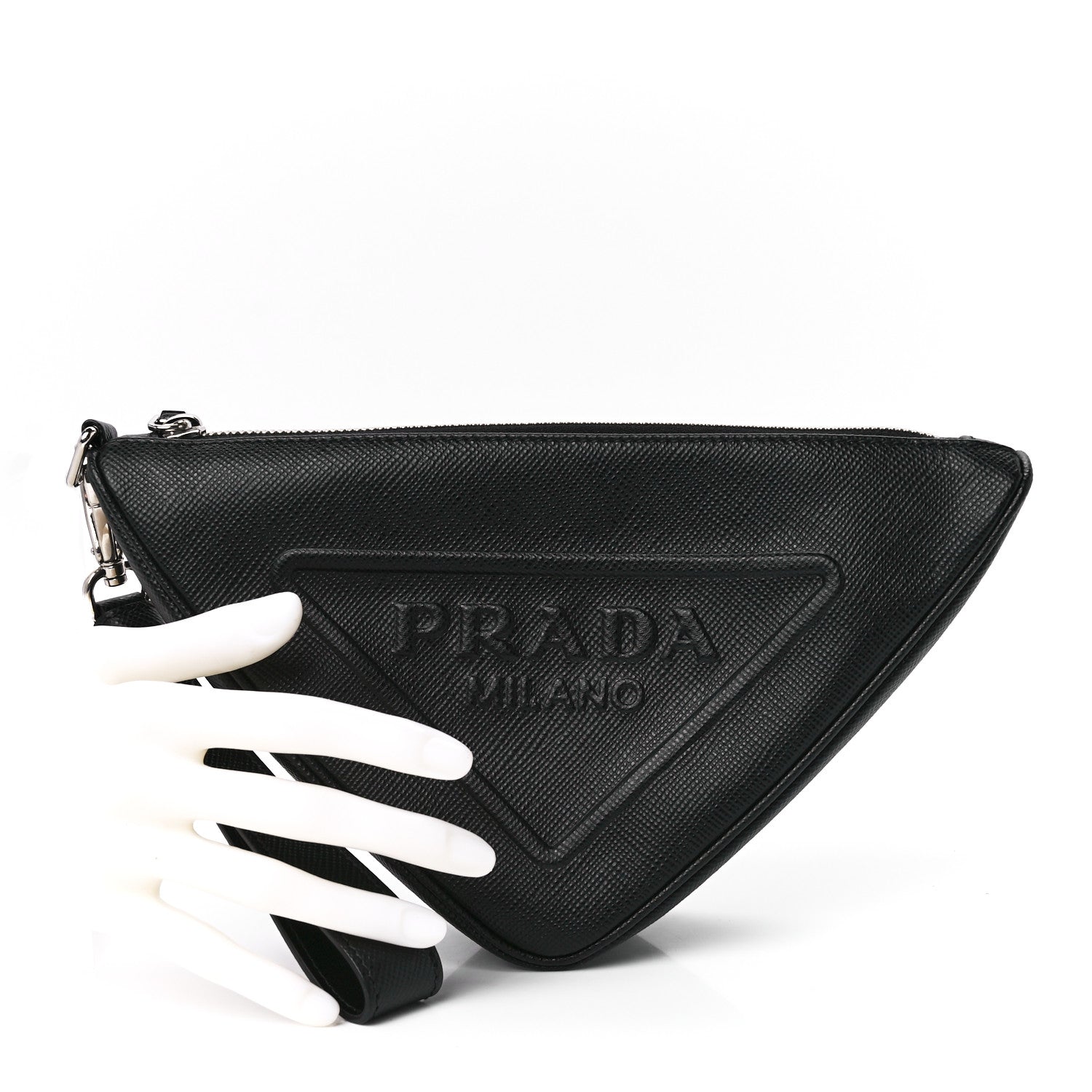Prada Saffiano Cuir Triangle Logo Embossed Triangle Wristlet Black 2 of 12