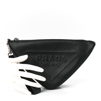Prada Saffiano Cuir Triangle Logo Embossed Triangle Wristlet Black 2 of 12