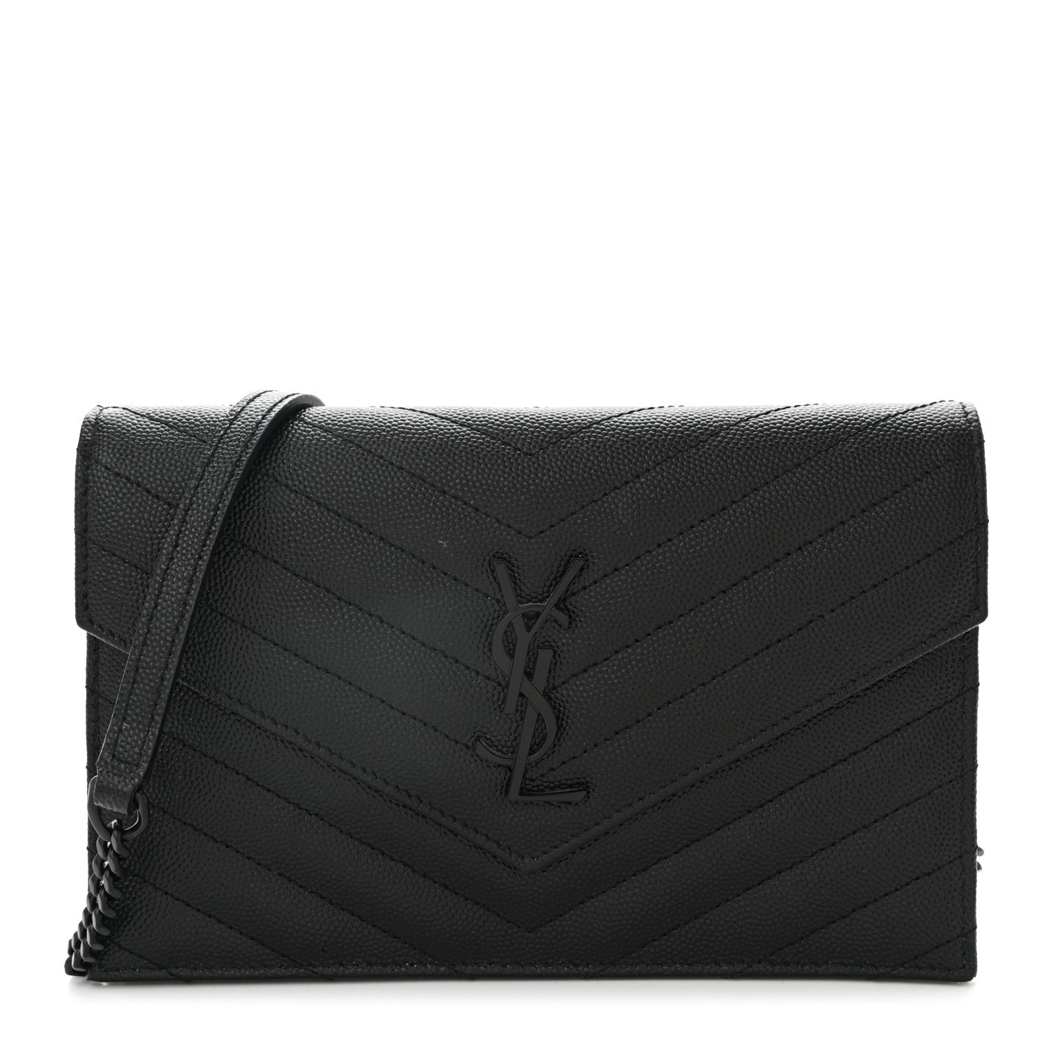 Saint Laurent Grain De Poudre Matelasse Chevron Monogram Monochrome Envelope Chain Wallet Black 1 of 10