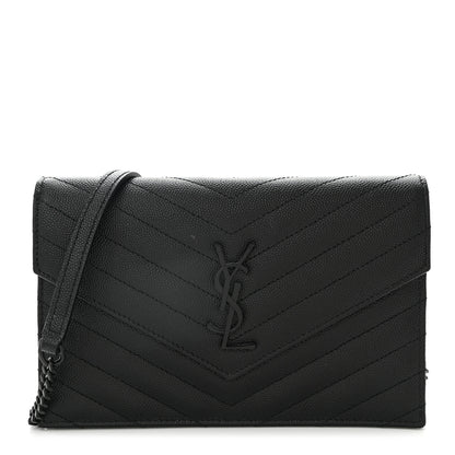 Saint Laurent Grain De Poudre Matelasse Chevron Monogram Monochrome Envelope Chain Wallet Black 1 of 10