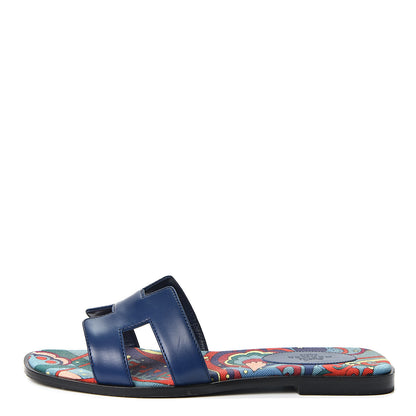 Hermes Calfskin Oran Sandals 37.5 Bleu 1 of 10