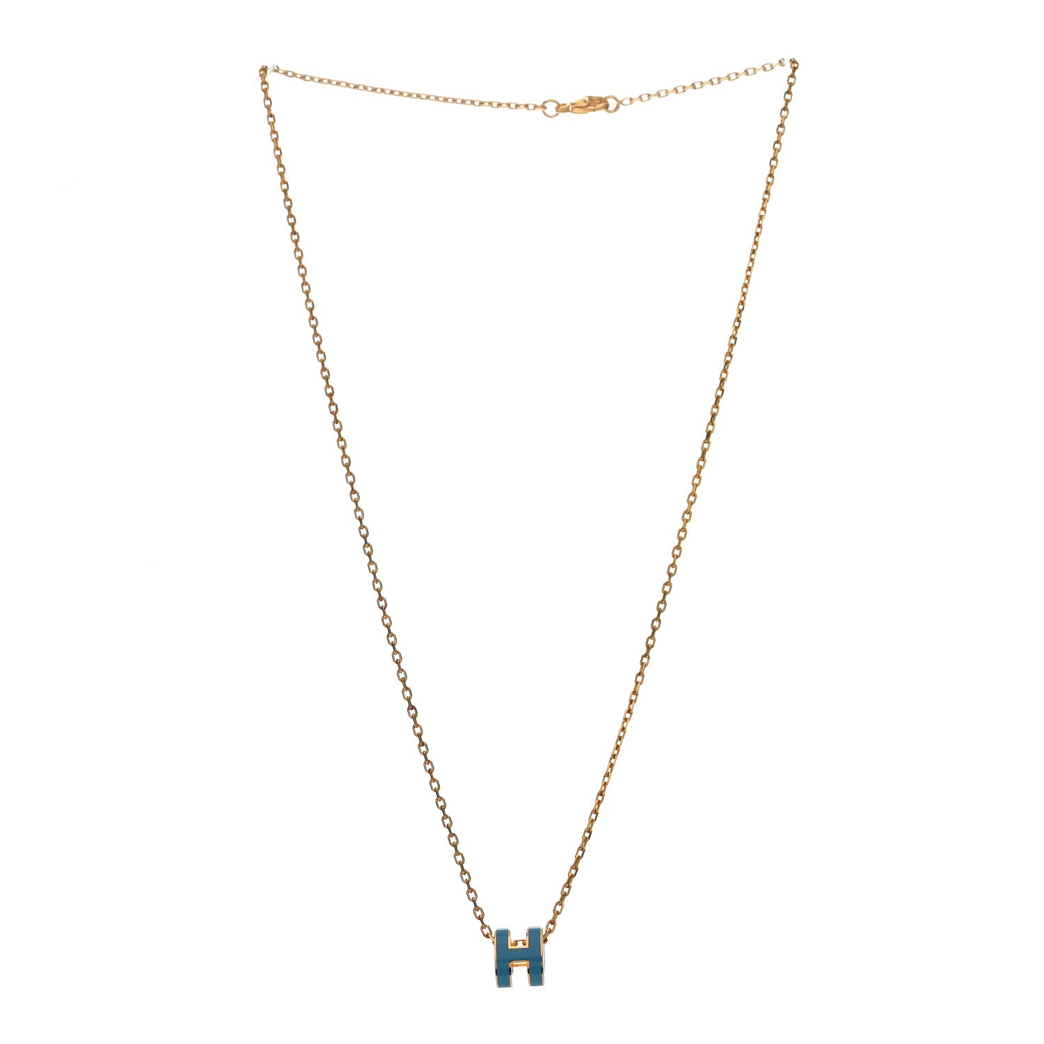 Hermes Lacquered Gold Mini Pop H Pendant Necklace Bleu Jean 3 of 5