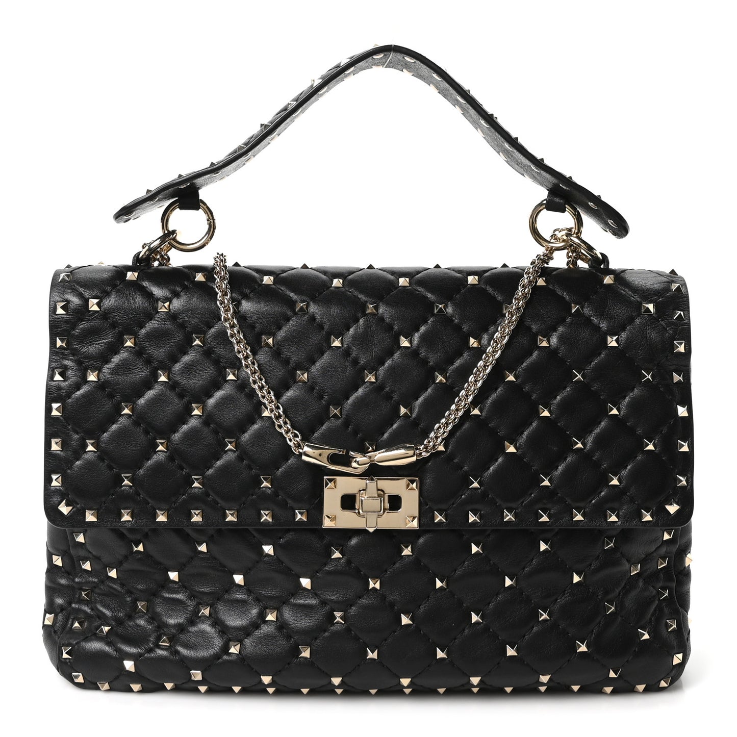 Craquele Nappa Large Rockstud Spike Shoulder Bag Black