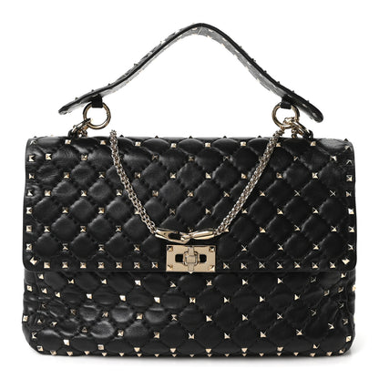 Valentino Garavani Craquele Nappa Large Rockstud Spike Shoulder Bag Black 1 of 9