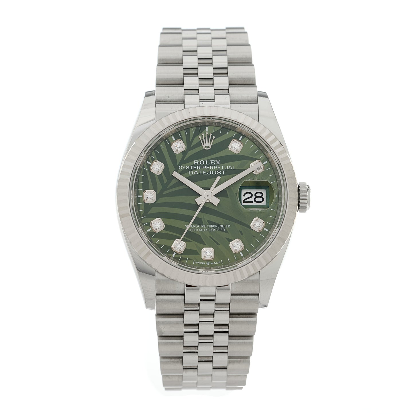 Stainless Steel 18K White Gold Diamond 36mm Oyster Perpetual Datejust Watch Green Palm 126234