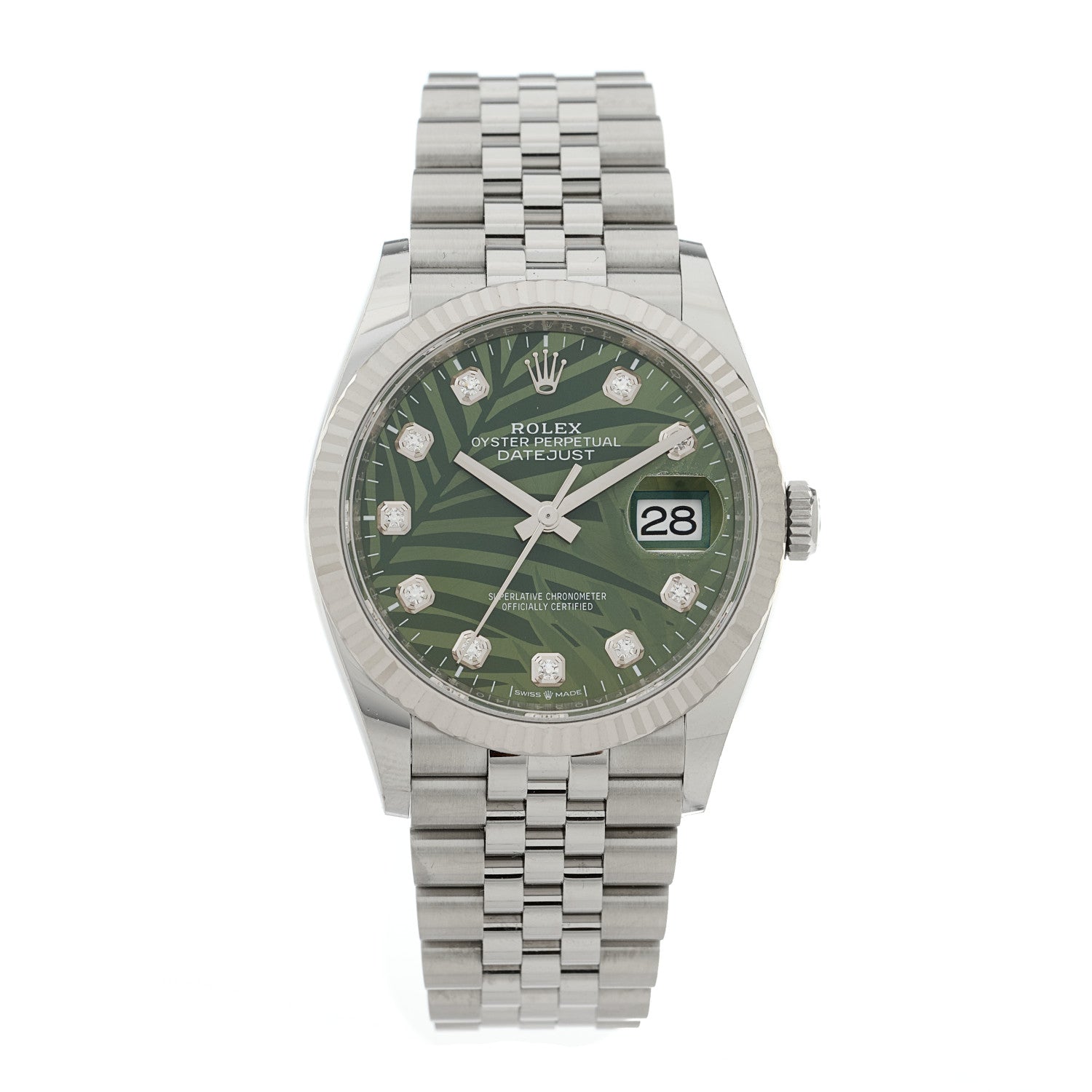 Rolex Stainless Steel 18K White Gold Diamond 36mm Oyster Perpetual Datejust Watch Green Palm 126234 1 of 5