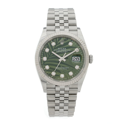 Rolex Stainless Steel 18K White Gold Diamond 36mm Oyster Perpetual Datejust Watch Green Palm 126234 1 of 5