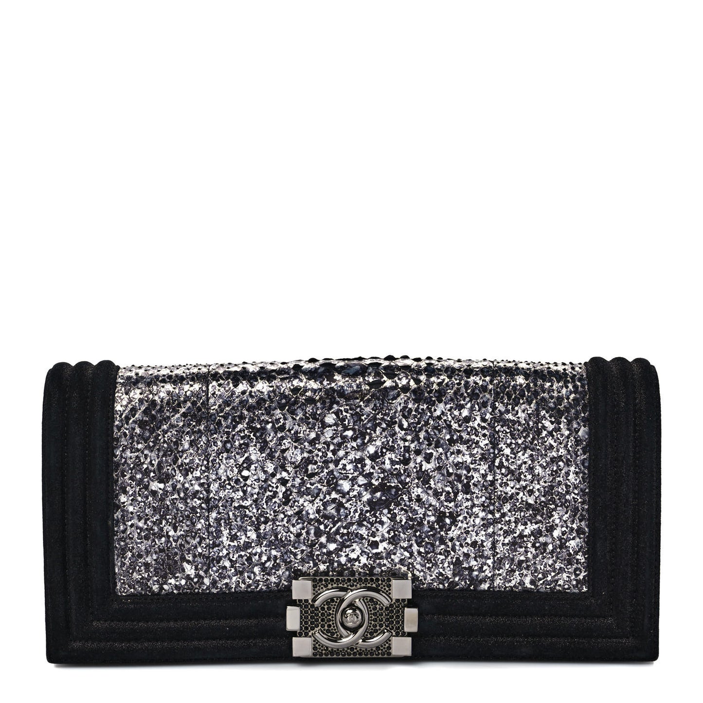 Iridescent Calfskin Python Crystal Boy Flap Clutch Black