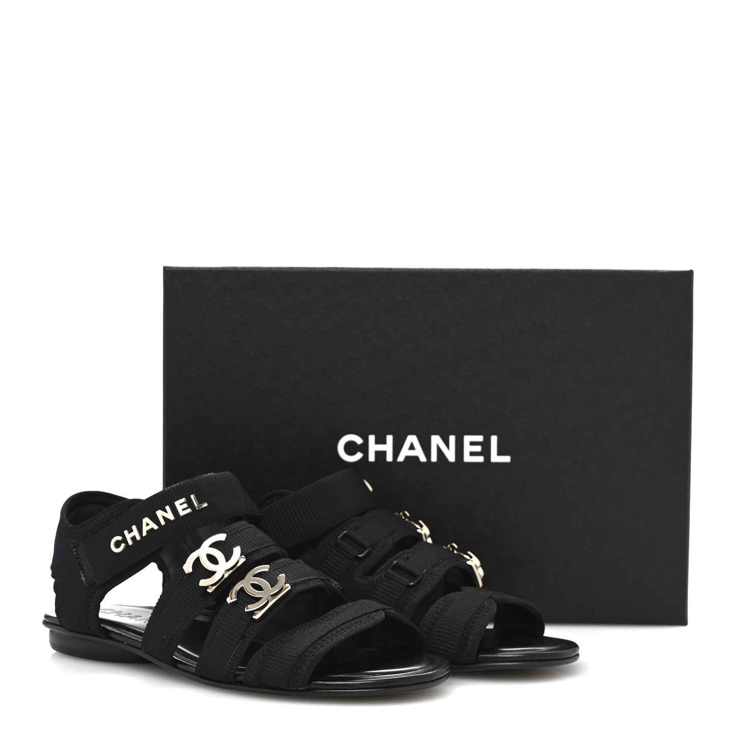 Fabric Metal CC Logo Flat Sandals 36.5 Black