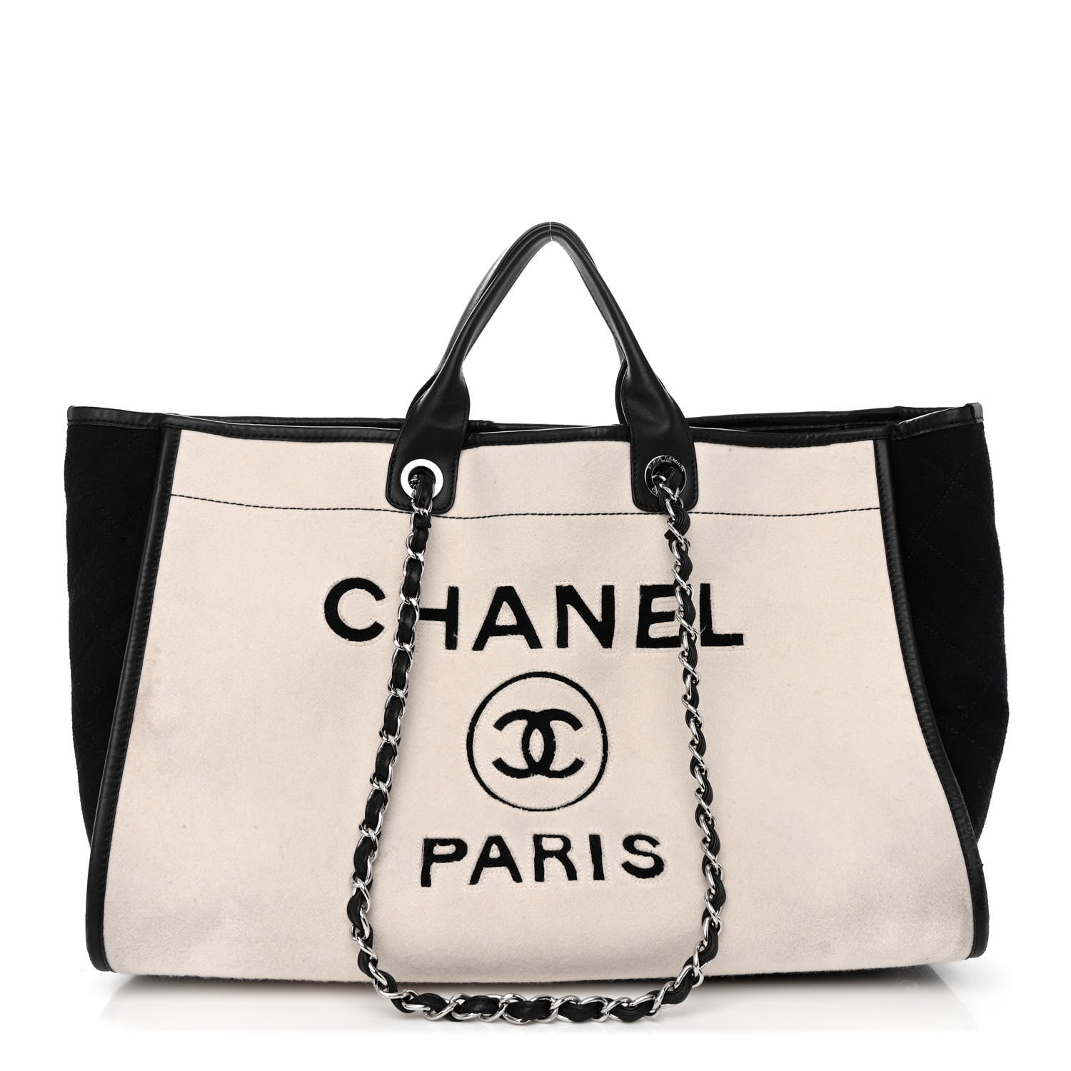 Chanel Wool Felt Calfskin Large Deauville Tote White Black 1 of 13