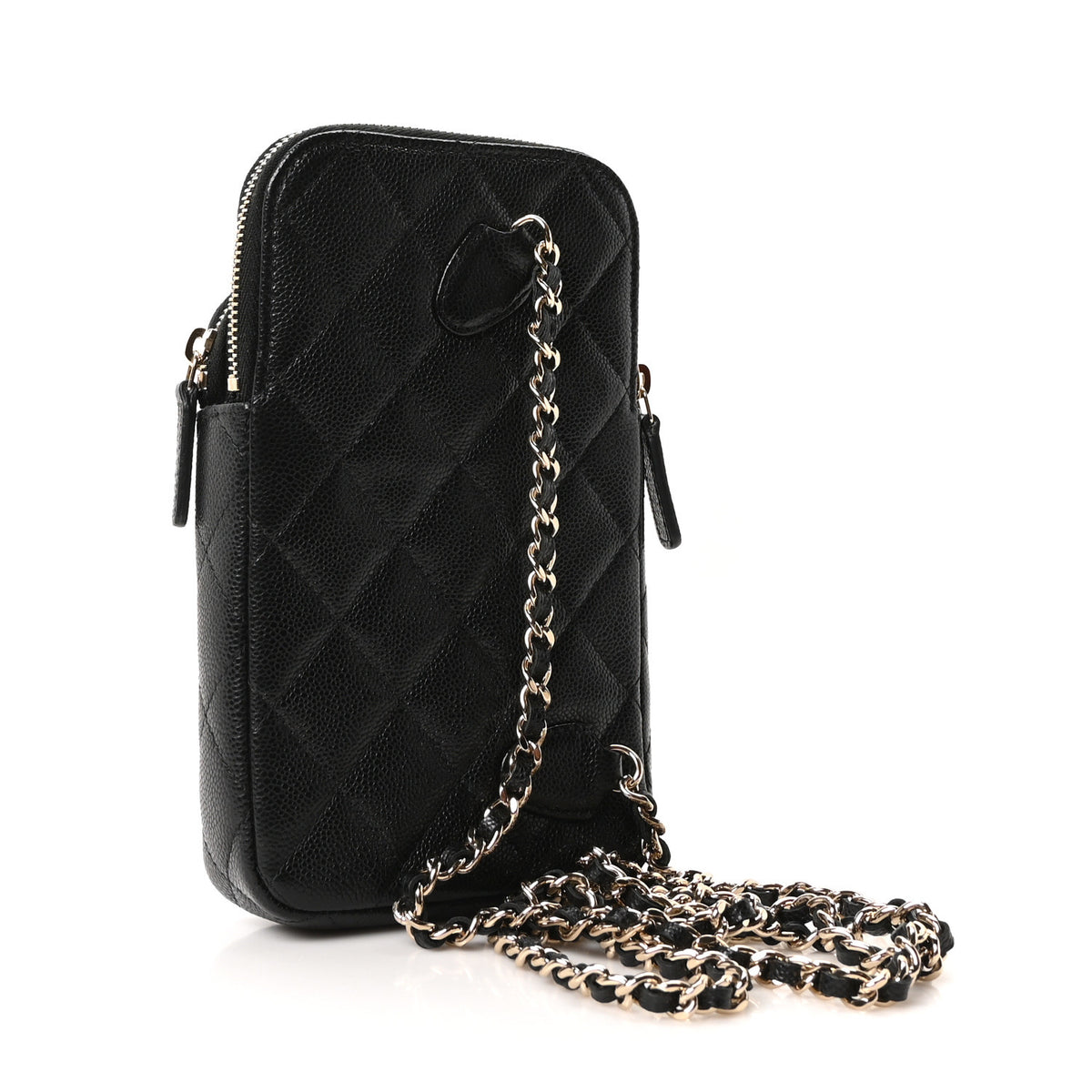 Caviar Quilted Phone Holder With Chain Black