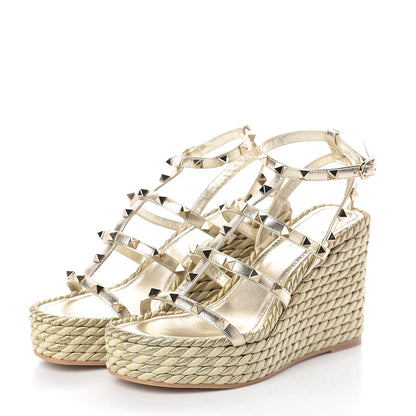 Valentino Garavani Metallic Nappa Rockstud Ankle Strap Torchon Espadrille Caged 25/95mm Wedge Sandals 37 Platino 3 of 7