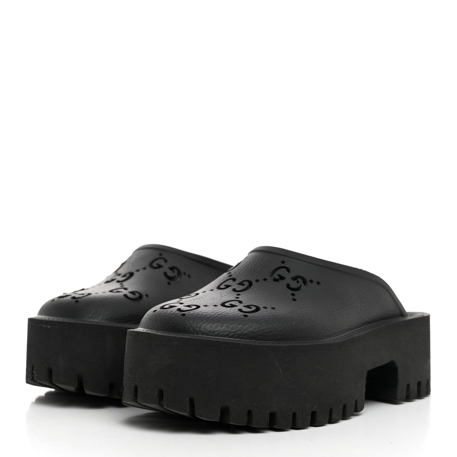 Gucci Rubber GG Monogram Perforated Elea Platform 55mm Lug Sole Sandals 35 Black 3 of 9