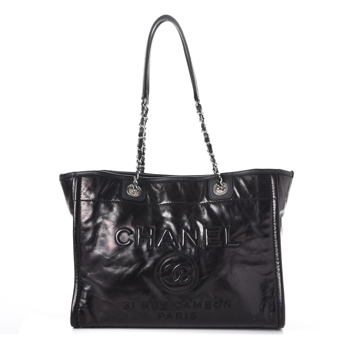 Glazed Calfskin Small Deauville Tote Black