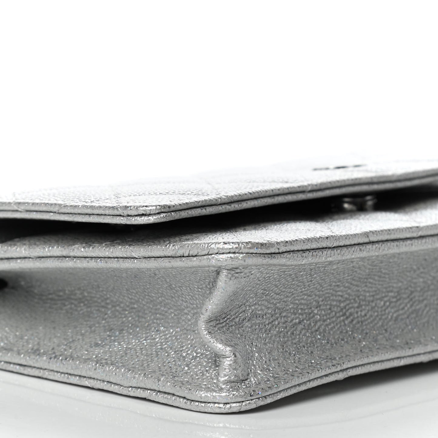 Glittered Metallic Caviar Quilted Wallet On Chain WOC Silver