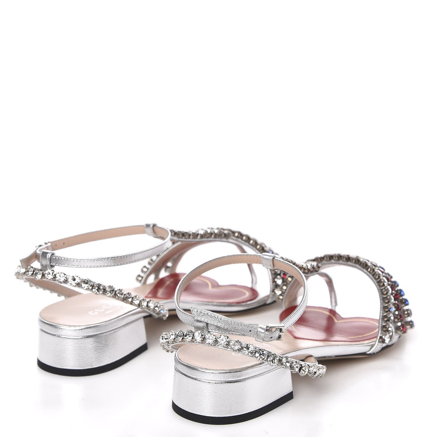 Nappa Silk Crystal Bertie T-Strap Low Heel Sandals 35.5 Argento