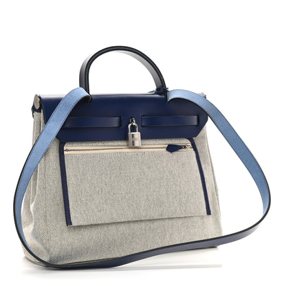 Hermes Vache Hunter Toile H Brides de Gala Herbag Zip Retourne 31 PM Bleu De France Ecru Black 4 of 11