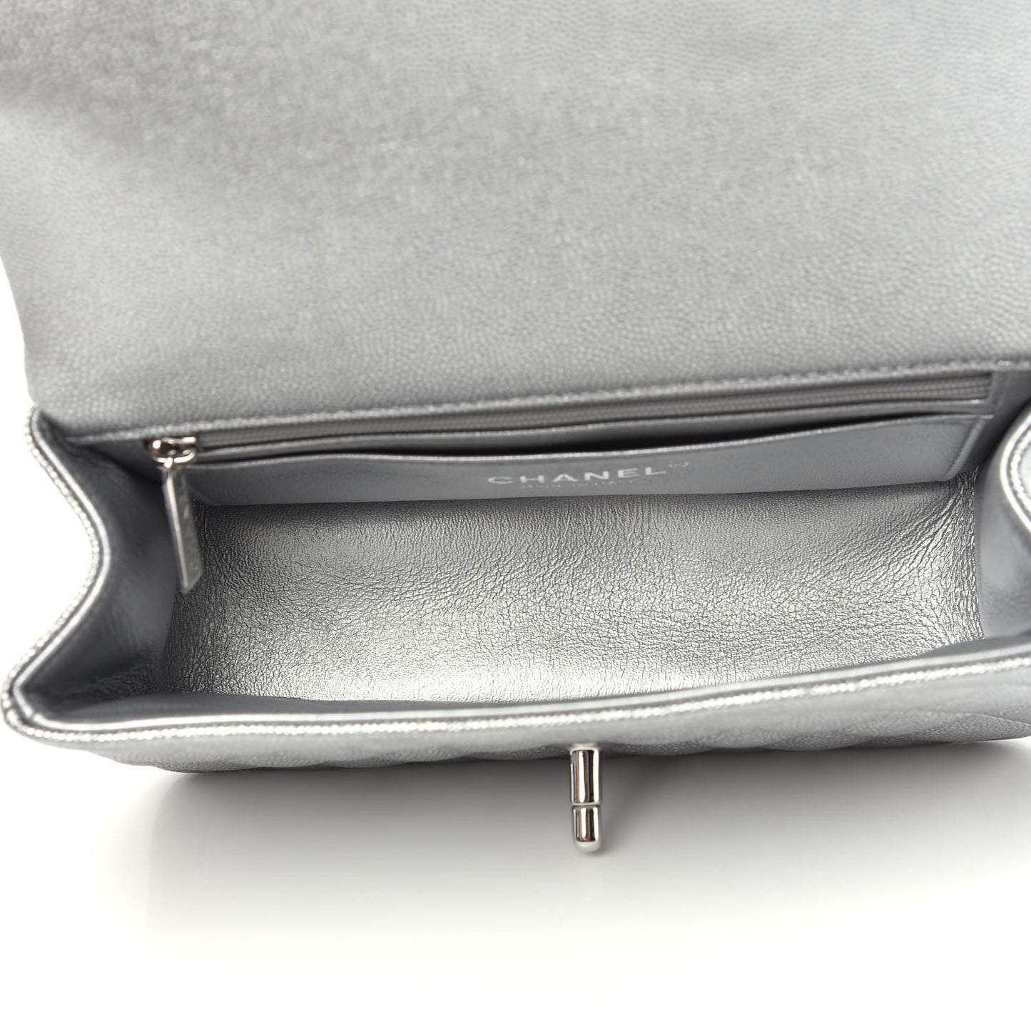 Metallic Caviar Quilted Mini Top Handle Rectangular Flap Silver