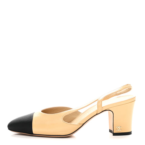 Goatskin Grosgrain Cap Toe CC Slingback Pumps 36.5 Beige Black