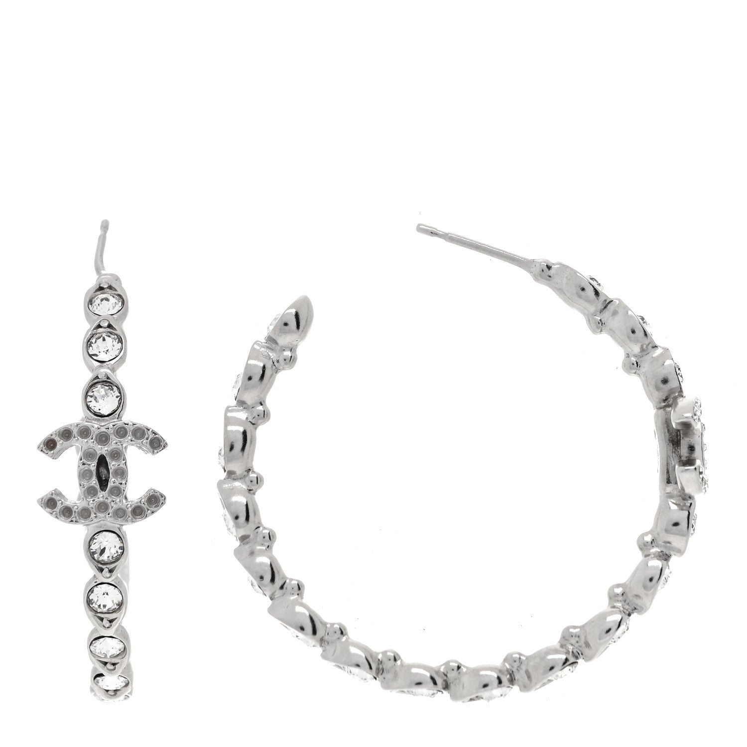 Chanel Metal Crystal CC Hoop Earrings Silver 1 of 4