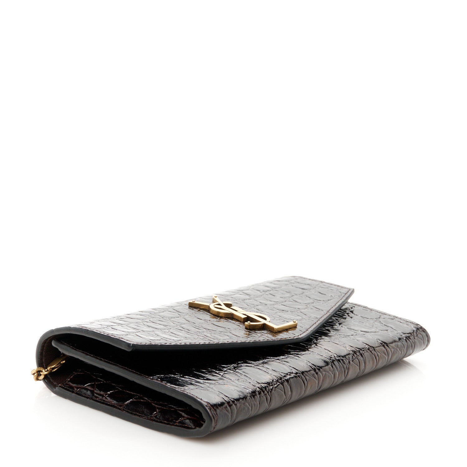 Saint Laurent Calfskin Crocodile Embossed Monogram Uptown Chain Wallet Fondente 4 of 11
