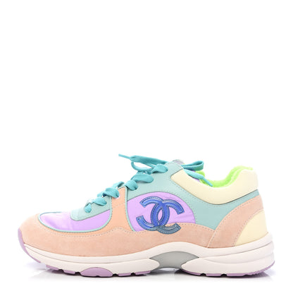 Chanel Nylon Lambskin Suede Calfskin CC Sneakers 39.5 Green Purple Pink 1 of 8