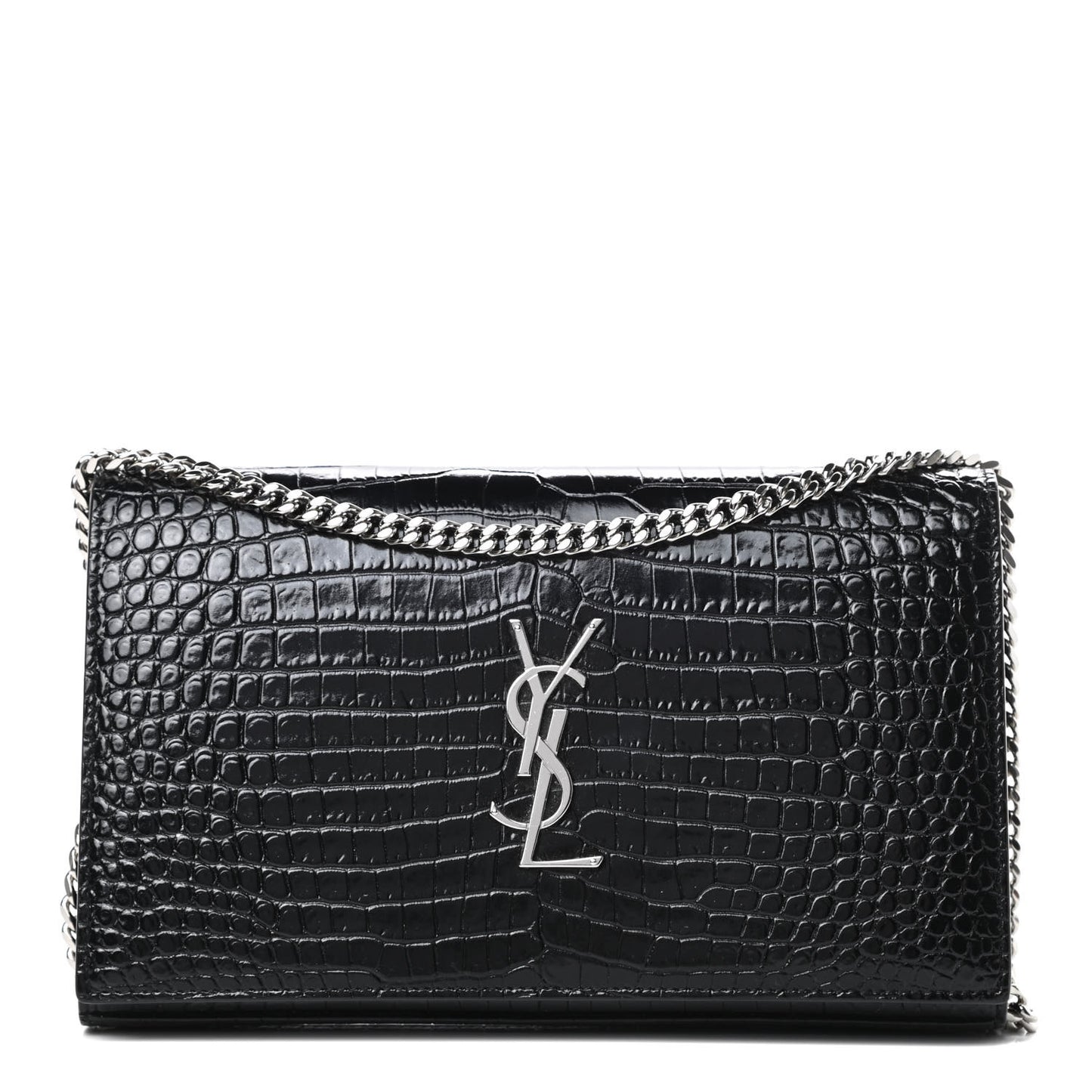 Calfskin Crocodile Embossed Monogram Chain Wallet Black