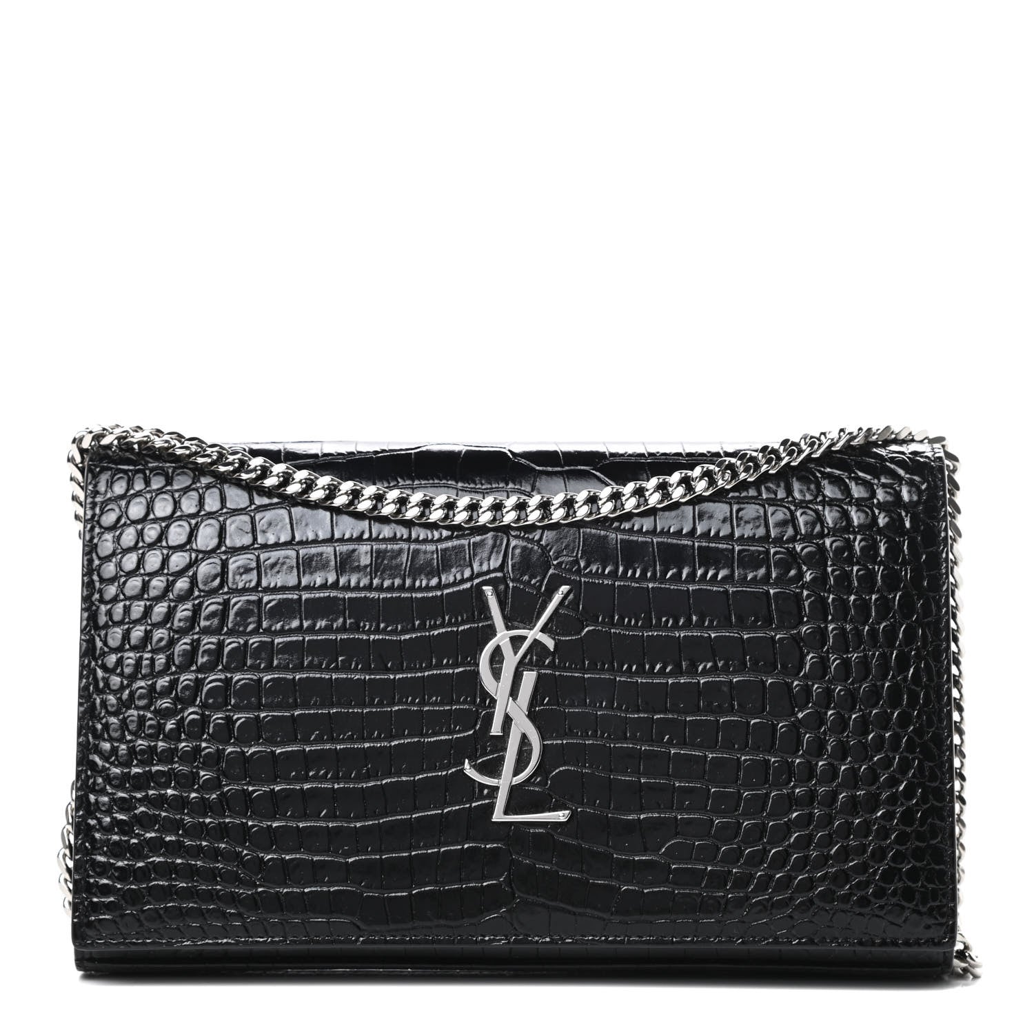 Saint Laurent Calfskin Crocodile Embossed Monogram Chain Wallet Black 1 of 15