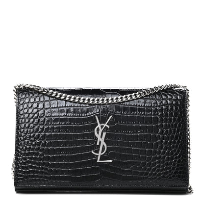Saint Laurent Calfskin Crocodile Embossed Monogram Chain Wallet Black 1 of 15
