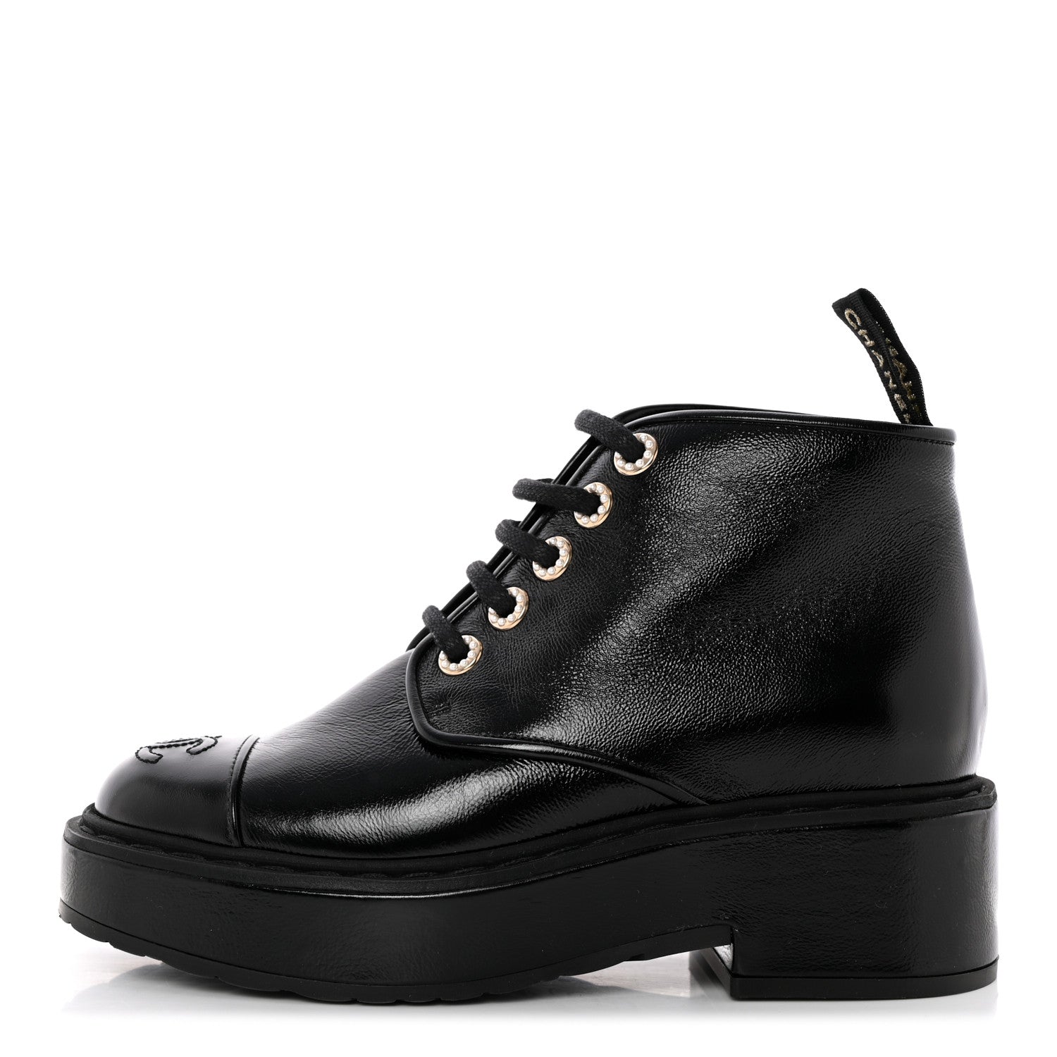 Chanel Shiny Calfskin Pearl Lace Up Combat Short Boots 35 Black 1 of 12