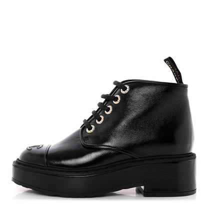Chanel Shiny Calfskin Pearl Lace Up Combat Short Boots 35 Black 1 of 12