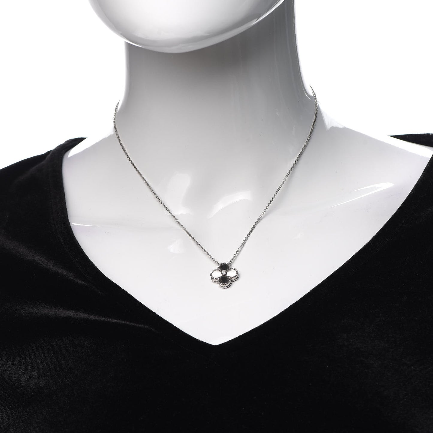 18K White Gold Diamond Guilloche Vintage Alhambra Pendant Necklace