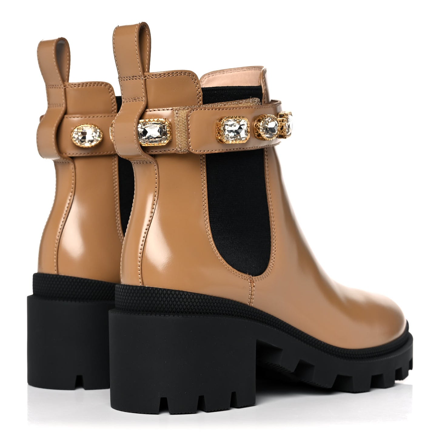 Calfskin Crystal GG Trip Chelsea Ankle Boots 36 Natural Tan