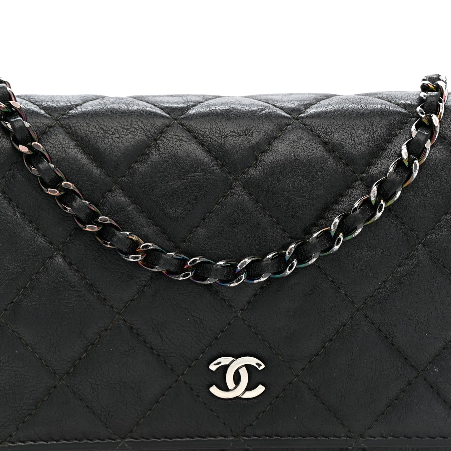 Crumpled Calfskin Quilted Wallet On Chain WOC So Black