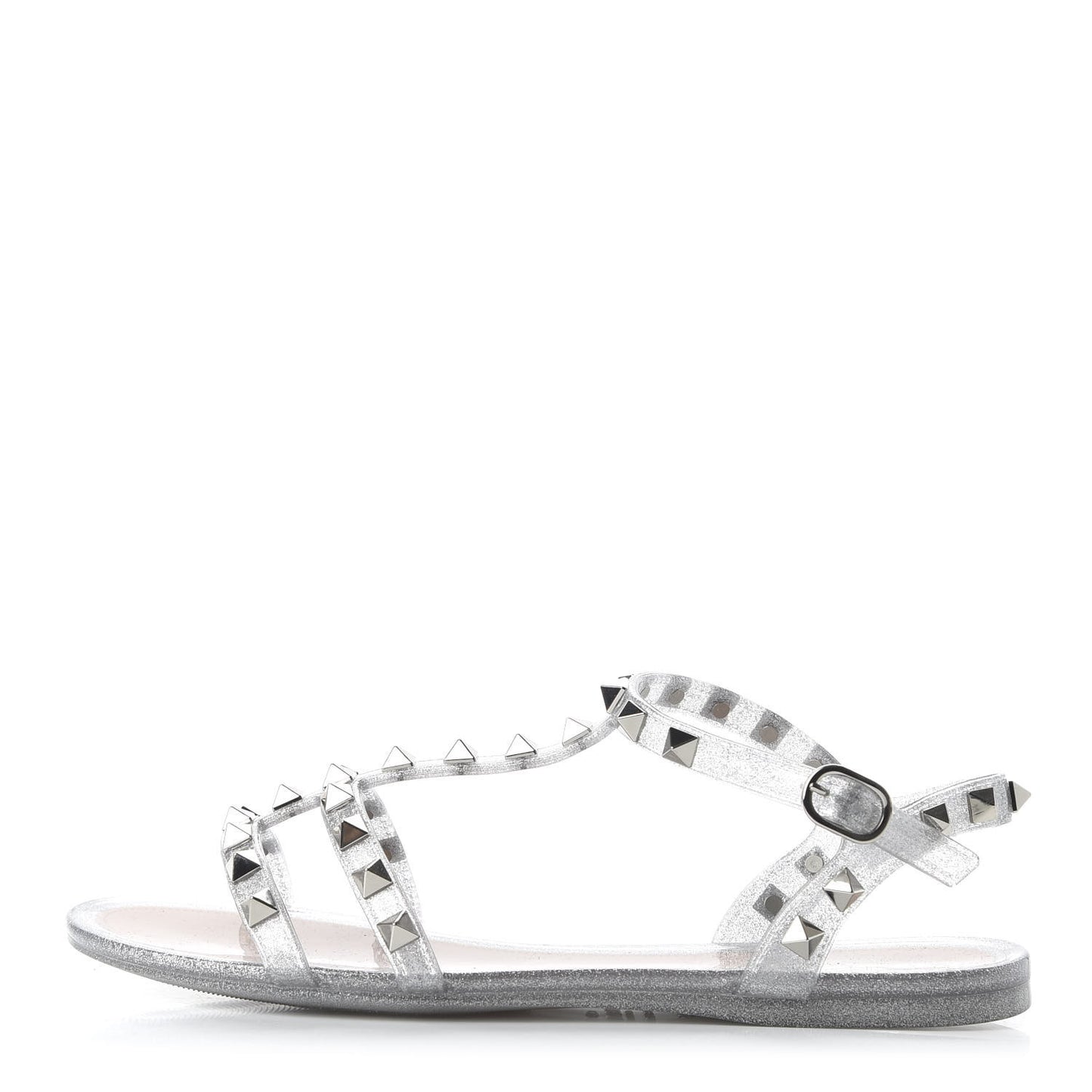 PVC Jelly Glitter Rockstud T-Strap Slingback Flat Sandals 35 Silver